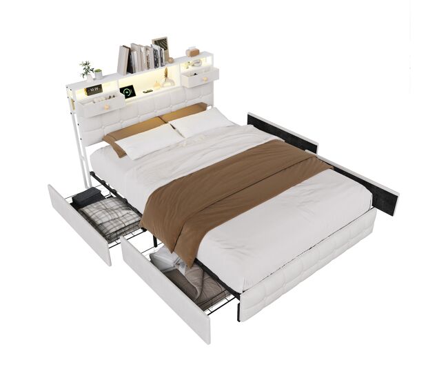 Cama con 4 cajones, LED RGB y USB-C 147x218