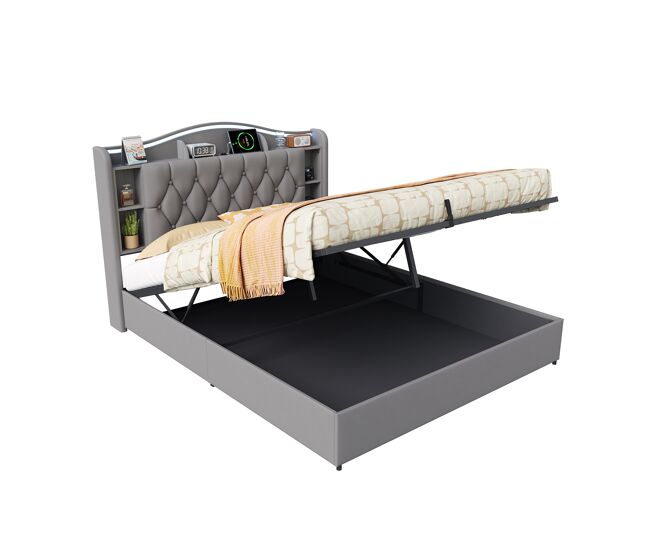 Cama con estantes, carga inalámbrica y LED 147x205
