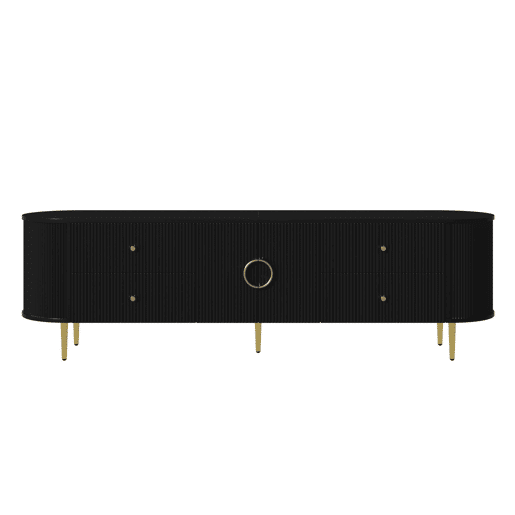 Móvel de TV tipo lowboard sem dimensões específicas - estrutura ondulada em 3D, bordas arredondadas, MDF, puxadores em alumínio, pés em ferro, prateleira fixa, passagem de cabos - preto Móvel de TV tipo lowboard sem dimensões específicas - estrutura ondulada em 3D, bordas arredondadas, MDF, puxadores em alumínio, pés em ferro, prateleira fixa, passagem de cabos - preto