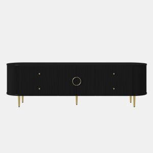 Móvel de TV tipo lowboard sem dimensões específicas - estrutura ondulada em 3D, bordas arredondadas, MDF, puxadores em alumínio, pés em ferro, prateleira fixa, passagem de cabos - preto