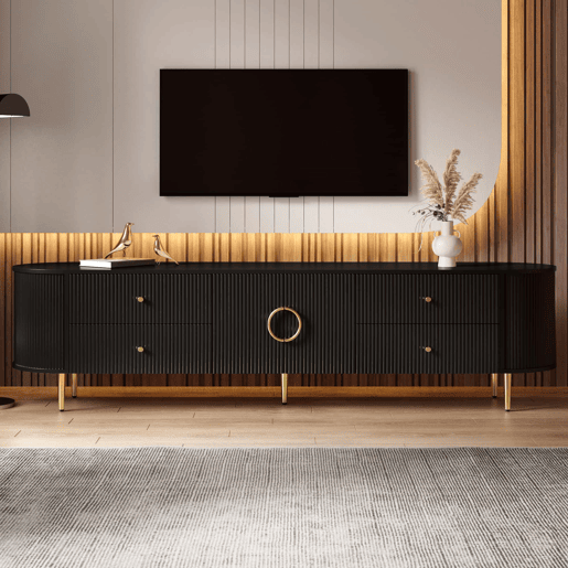 Móvel de TV tipo lowboard sem dimensões específicas - estrutura ondulada em 3D, bordas arredondadas, MDF, puxadores em alumínio, pés em ferro, prateleira fixa, passagem de cabos - preto Móvel de TV tipo lowboard sem dimensões específicas - estrutura ondulada em 3D, bordas arredondadas, MDF, puxadores em alumínio, pés em ferro, prateleira fixa, passagem de cabos - preto