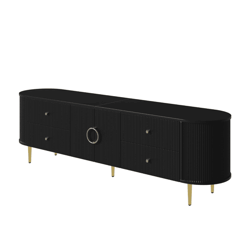 Móvel de TV tipo lowboard sem dimensões específicas - estrutura ondulada em 3D, bordas arredondadas, MDF, puxadores em alumínio, pés em ferro, prateleira fixa, passagem de cabos - preto Móvel de TV tipo lowboard sem dimensões específicas - estrutura ondulada em 3D, bordas arredondadas, MDF, puxadores em alumínio, pés em ferro, prateleira fixa, passagem de cabos - preto