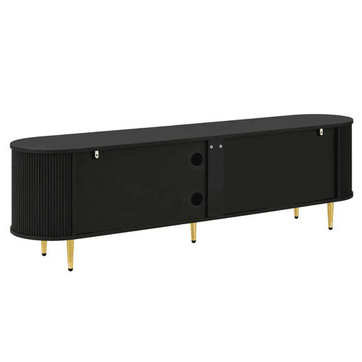 Móvel de TV tipo lowboard sem dimensões específicas - estrutura ondulada em 3D, bordas arredondadas, MDF, puxadores em alumínio, pés em ferro, prateleira fixa, passagem de cabos - preto Móvel de TV tipo lowboard sem dimensões específicas - estrutura ondulada em 3D, bordas arredondadas, MDF, puxadores em alumínio, pés em ferro, prateleira fixa, passagem de cabos - preto