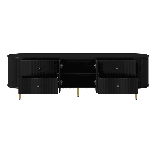 Móvel de TV tipo lowboard sem dimensões específicas - estrutura ondulada em 3D, bordas arredondadas, MDF, puxadores em alumínio, pés em ferro, prateleira fixa, passagem de cabos - preto Móvel de TV tipo lowboard sem dimensões específicas - estrutura ondulada em 3D, bordas arredondadas, MDF, puxadores em alumínio, pés em ferro, prateleira fixa, passagem de cabos - preto