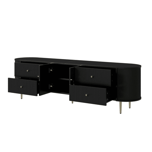 Móvel de TV tipo lowboard sem dimensões específicas - estrutura ondulada em 3D, bordas arredondadas, MDF, puxadores em alumínio, pés em ferro, prateleira fixa, passagem de cabos - preto Móvel de TV tipo lowboard sem dimensões específicas - estrutura ondulada em 3D, bordas arredondadas, MDF, puxadores em alumínio, pés em ferro, prateleira fixa, passagem de cabos - preto
