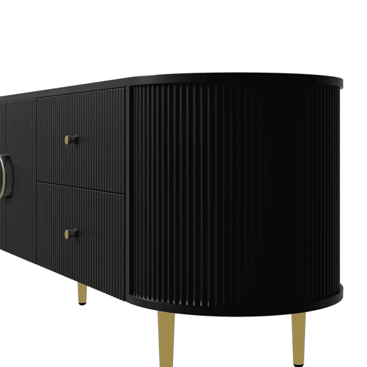 Móvel de TV tipo lowboard sem dimensões específicas - estrutura ondulada em 3D, bordas arredondadas, MDF, puxadores em alumínio, pés em ferro, prateleira fixa, passagem de cabos - preto Móvel de TV tipo lowboard sem dimensões específicas - estrutura ondulada em 3D, bordas arredondadas, MDF, puxadores em alumínio, pés em ferro, prateleira fixa, passagem de cabos - preto