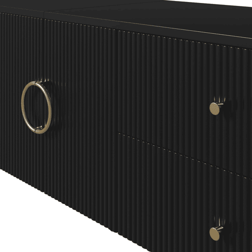 Móvel de TV tipo lowboard sem dimensões específicas - estrutura ondulada em 3D, bordas arredondadas, MDF, puxadores em alumínio, pés em ferro, prateleira fixa, passagem de cabos - preto Móvel de TV tipo lowboard sem dimensões específicas - estrutura ondulada em 3D, bordas arredondadas, MDF, puxadores em alumínio, pés em ferro, prateleira fixa, passagem de cabos - preto