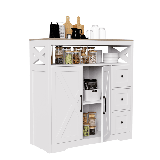 Aparador Nórdico Branco com 3 Gavetas e 2 Portas, Móvel de Arrumação em MDF para Sala de Jantar Aparador Nórdico Branco com 3 Gavetas e 2 Portas, Móvel de Arrumação em MDF para Sala de Jantar