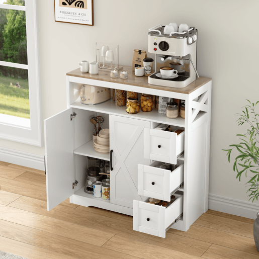 Aparador Nórdico Branco com 3 Gavetas e 2 Portas, Móvel de Arrumação em MDF para Sala de Jantar Aparador Nórdico Branco com 3 Gavetas e 2 Portas, Móvel de Arrumação em MDF para Sala de Jantar