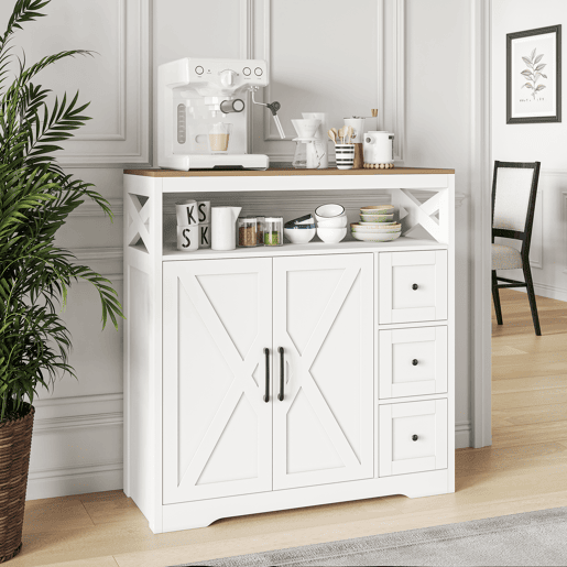 Aparador Nórdico Branco com 3 Gavetas e 2 Portas, Móvel de Arrumação em MDF para Sala de Jantar Aparador Nórdico Branco com 3 Gavetas e 2 Portas, Móvel de Arrumação em MDF para Sala de Jantar