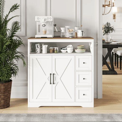 Aparador Nórdico Branco com 3 Gavetas e 2 Portas, Móvel de Arrumação em MDF para Sala de Jantar Aparador Nórdico Branco com 3 Gavetas e 2 Portas, Móvel de Arrumação em MDF para Sala de Jantar