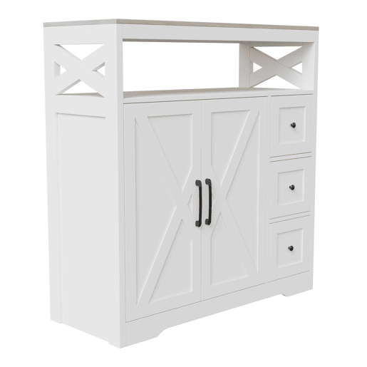 Aparador Nórdico Branco com 3 Gavetas e 2 Portas, Móvel de Arrumação em MDF para Sala de Jantar Aparador Nórdico Branco com 3 Gavetas e 2 Portas, Móvel de Arrumação em MDF para Sala de Jantar