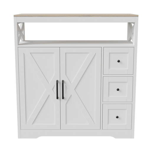 Aparador Nórdico Branco com 3 Gavetas e 2 Portas, Móvel de Arrumação em MDF para Sala de Jantar Aparador Nórdico Branco com 3 Gavetas e 2 Portas, Móvel de Arrumação em MDF para Sala de Jantar
