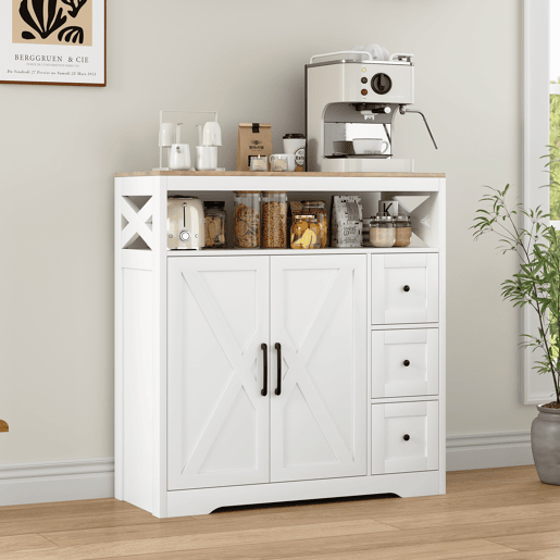 Aparador Nórdico Branco com 3 Gavetas e 2 Portas, Móvel de Arrumação em MDF para Sala de Jantar Aparador Nórdico Branco com 3 Gavetas e 2 Portas, Móvel de Arrumação em MDF para Sala de Jantar