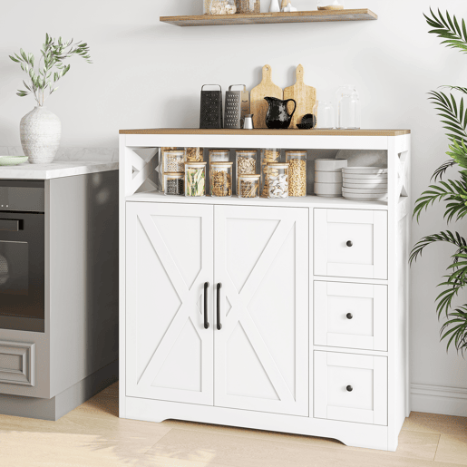 Aparador Nórdico Branco com 3 Gavetas e 2 Portas, Móvel de Arrumação em MDF para Sala de Jantar Aparador Nórdico Branco com 3 Gavetas e 2 Portas, Móvel de Arrumação em MDF para Sala de Jantar