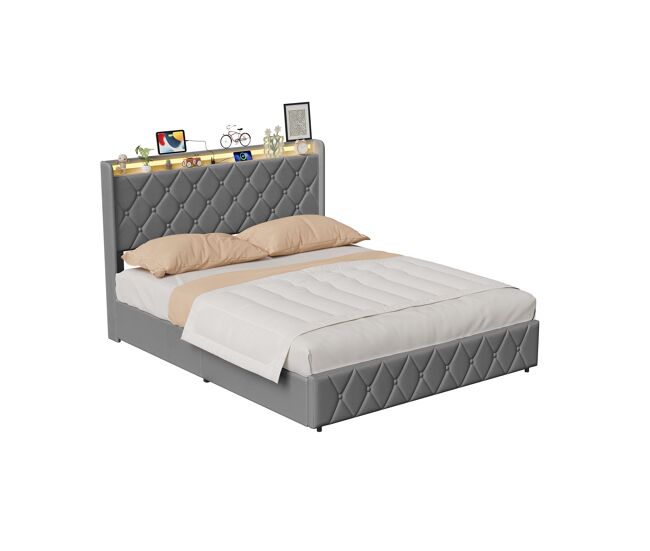 Cama con elevador neumático, cabecero tapizado LED RGB y USB 165x213