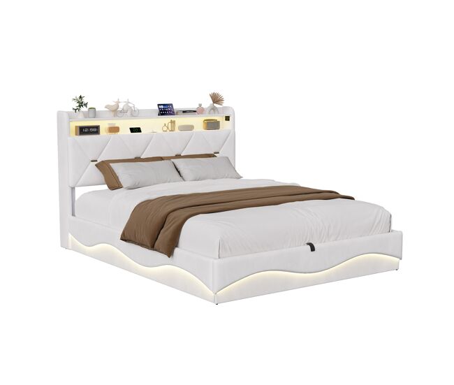 Cama de almacenamiento de 140×200 cm en terciopelo beige, cabecero con estantes, iluminación LED RGB en cabecero y piecero, USB-C, elevación hidráulica y somier