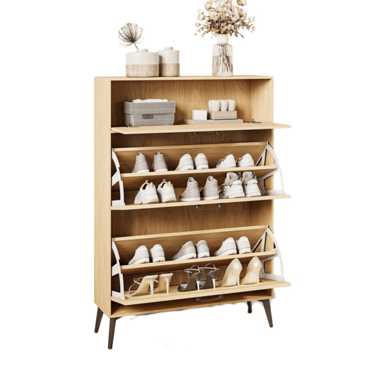 Sapateira em Madeira Clara com Portas em Rattan, Gaveta e Arrumação para 12-15 Pares, Estilo Nórdico Sapateira em Madeira Clara com Portas em Rattan, Gaveta e Arrumação para 12-15 Pares, Estilo Nórdico