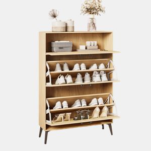 Sapateira em Madeira Clara com Portas em Rattan, Gaveta e Arrumação para 12-15 Pares, Estilo Nórdico
