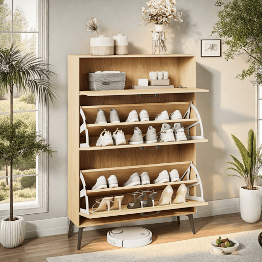 Sapateira em Madeira Clara com Portas em Rattan, Gaveta e Arrumação para 12-15 Pares, Estilo Nórdico Sapateira em Madeira Clara com Portas em Rattan, Gaveta e Arrumação para 12-15 Pares, Estilo Nórdico
