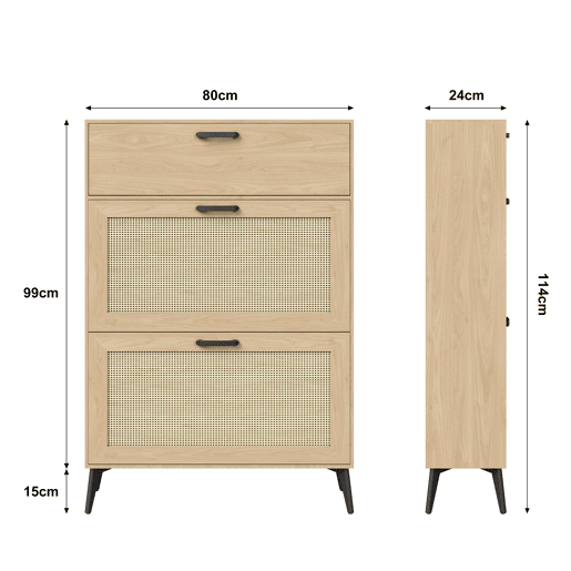 Sapateira em Madeira Clara com Portas em Rattan, Gaveta e Arrumação para 12-15 Pares, Estilo Nórdico Sapateira em Madeira Clara com Portas em Rattan, Gaveta e Arrumação para 12-15 Pares, Estilo Nórdico