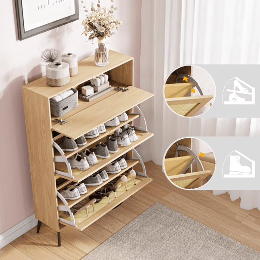 Sapateira em Madeira Clara com Portas em Rattan, Gaveta e Arrumação para 12-15 Pares, Estilo Nórdico Sapateira em Madeira Clara com Portas em Rattan, Gaveta e Arrumação para 12-15 Pares, Estilo Nórdico