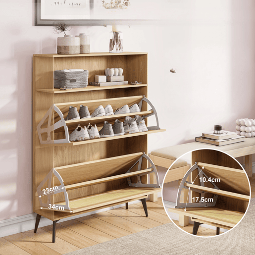 Sapateira em Madeira Clara com Portas em Rattan, Gaveta e Arrumação para 12-15 Pares, Estilo Nórdico Sapateira em Madeira Clara com Portas em Rattan, Gaveta e Arrumação para 12-15 Pares, Estilo Nórdico