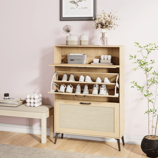 Sapateira em Madeira Clara com Portas em Rattan, Gaveta e Arrumação para 12-15 Pares, Estilo Nórdico Sapateira em Madeira Clara com Portas em Rattan, Gaveta e Arrumação para 12-15 Pares, Estilo Nórdico