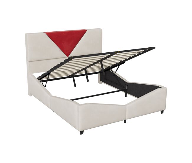 Cama doble de 160×200 cm en terciopelo beige, diseño triangular bicolor en burdeos, LED regulable