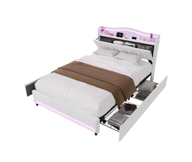 Cama con cabecero almacenable, LED RGB, USB-C y 4 cajones 168x218