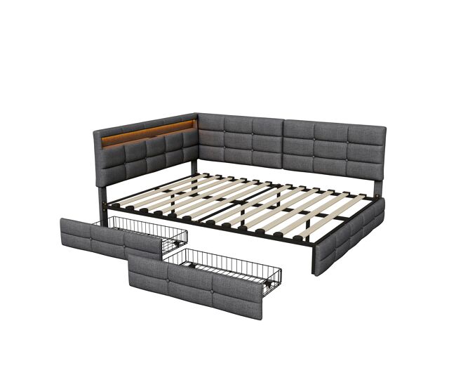 Cama con cabecero L LED RGB, USB-C y 2 cajones 145x210