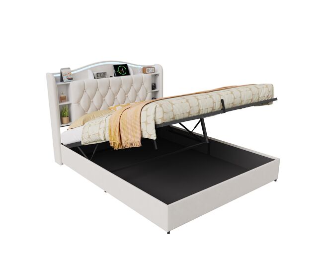 Cama con estantes, carga inalámbrica y LED 167x215