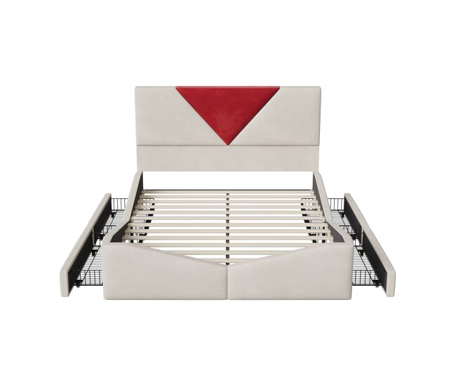 Cama de 140×200 cm en terciopelo beige, cabecero bicolor en burdeos, 2 cajones y almacenamiento