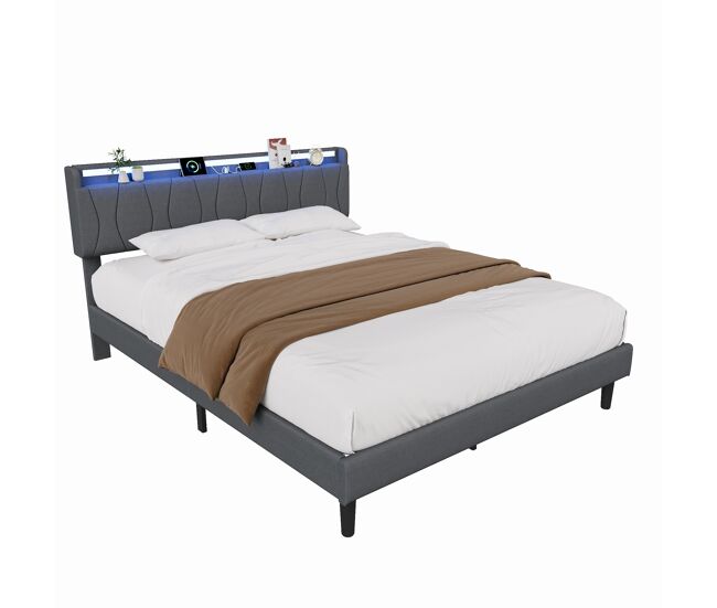 Cama con LED RGB, USB-C y somier de láminas 149x206