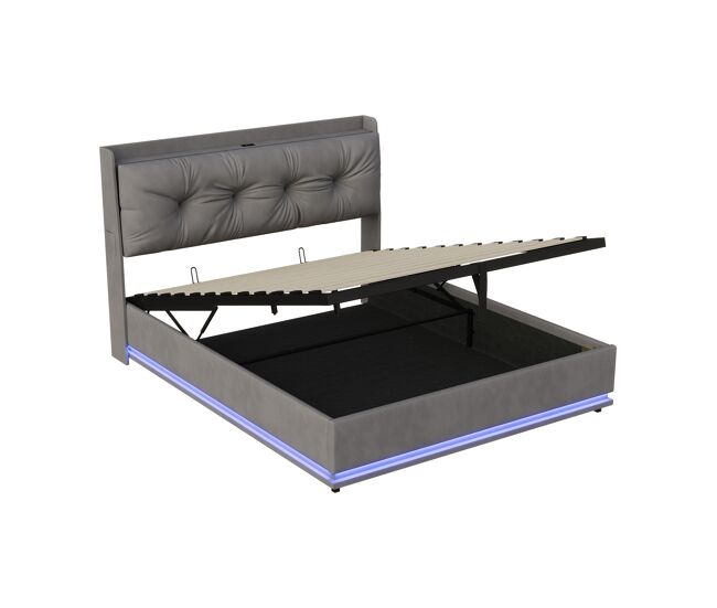 Cama con almacenamiento hidráulico de 160×200 cm en terciopelo gris, cabecero acolchado con USB-C, LED RGB, bolsillos laterales y somier de láminas