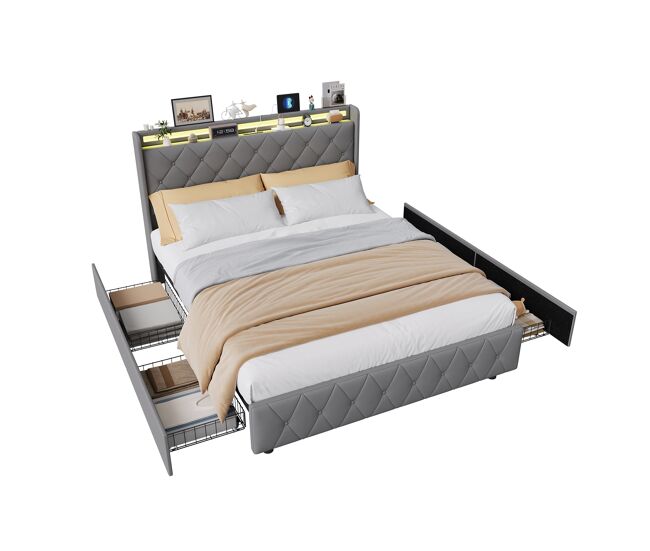 Cama con 4 cajones, USB, LED y somier 145x212