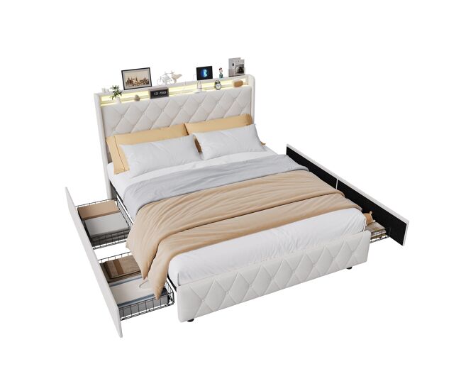 Cama con 4 cajones, USB, LED y somier 165x212