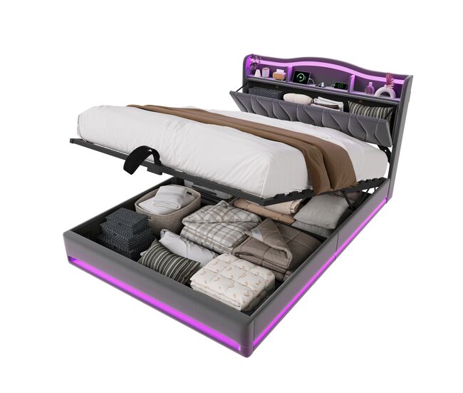 Cama con almacenamiento, LED RGB y USB-C 142x217