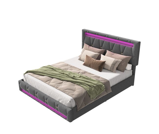 Cama de 160×200 cm color gris, tapizada, con base de láminas LED y USB, 4 cajones y amplio almacenamiento