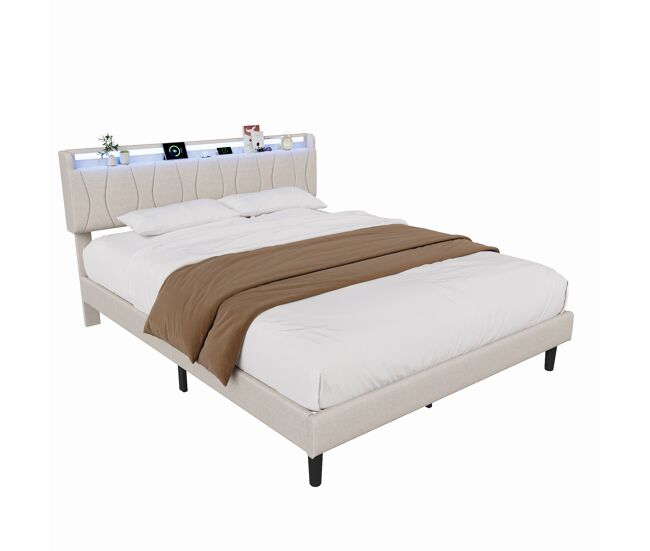 Cama con LED RGB, USB-C y somier de láminas 169x206