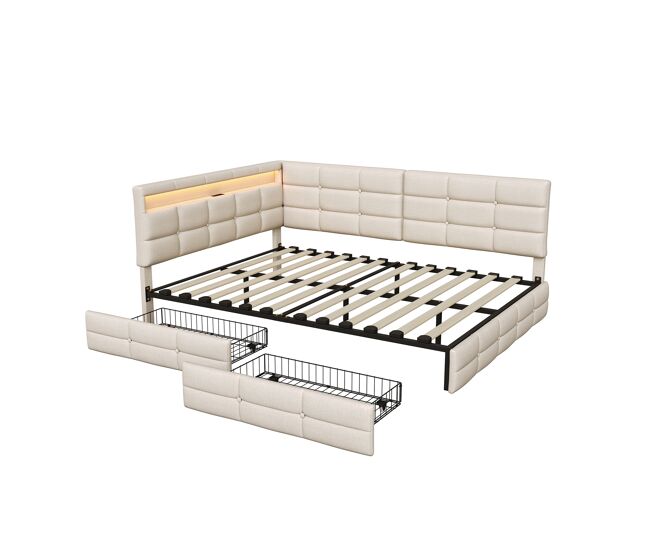 Cama con cabecero L LED RGB, USB-C y 2 cajones 145x200