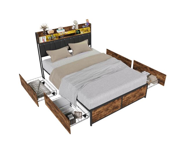 Cama industrial de 140×200 cm en metal y madera, cabecero acolchado con almacenamiento y LED RGB, USB-C, 4 cajones con ruedas