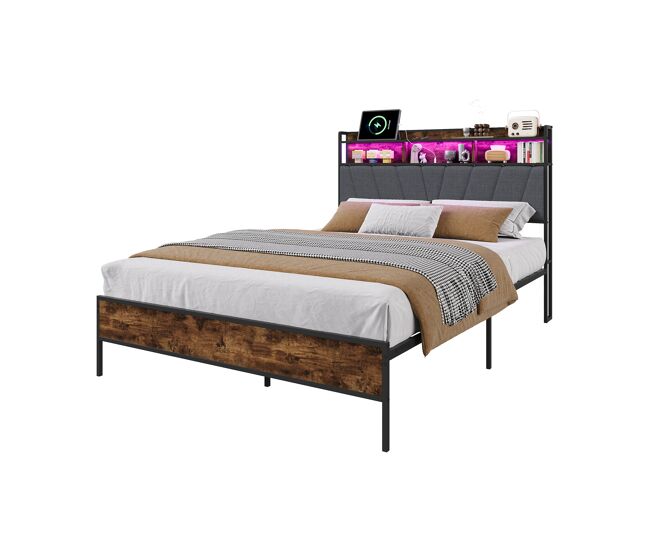 Cama estilo industrial 140×200 cm estructura metal y madera, cabecero tapizado lino con almacenamiento y LED RGB, puerto USB-C, almacenamiento bajo cama