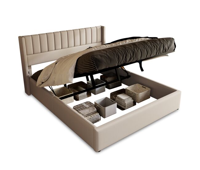 Cama tapizada de 160x200 cm con somier de láminas hidráulico y almacenamiento, color beige