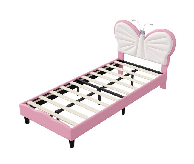 Cama individual tapizada de 90x200 cm en terciopelo rosa, con somier de láminas, para niños y adolescentes