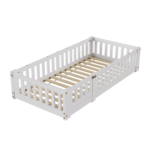 Cama infantil estilo cabana, medindo 80x160 cm, em pinho maciço, com grade de segurança e estrado de ripas Cama infantil estilo cabana, medindo 80x160 cm, em pinho maciço, com grade de segurança e estrado de ripas