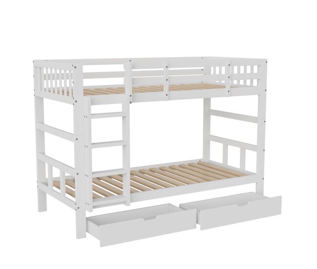 Cama infantil Montessori de suelo de 90x200 cm en madera maciza de pino, con cajones y somier de láminas, color blanco