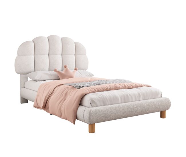 Cama individual tapizada de 90x200 cm en blanco, con somier de láminas de tela rizada