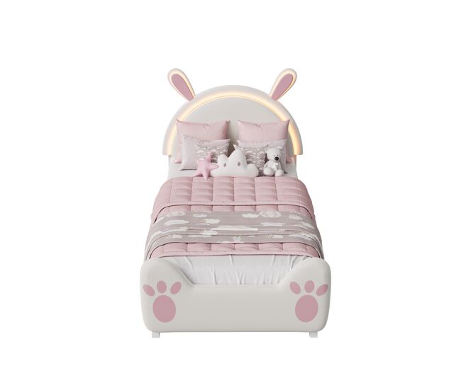 Cama infantil de 90x200 cm con diseño de conejo, iluminación LED y decoración DIY, tela cómoda