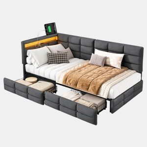 Cama de 90x200 cm em tecido cinza, com cabeceira, LED integrado, porta USB, gaveta e estrado de ripas
